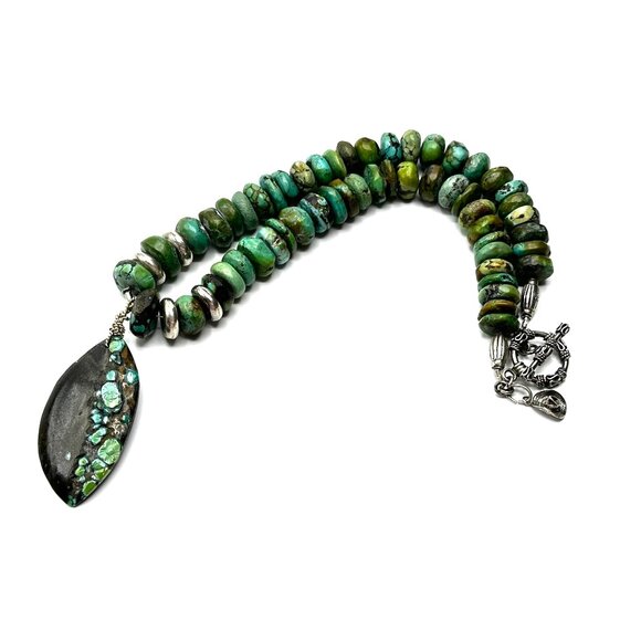 Vintage Sterling Silver & Turquoise Rondelle Necklace with Matrix Pendant — EUC - Picture 4 of 12